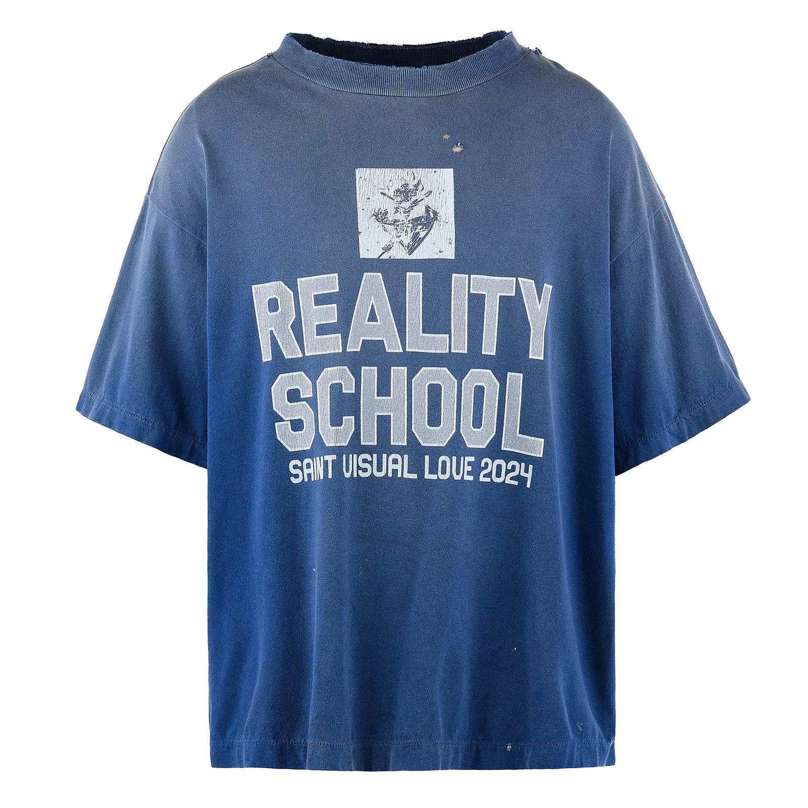 SAINT Mxxxxxx REALITY SCHOOL SS_TEE/NVY slogan distressed short-sleeves, washed blue S-XL, garment dyeing, horse fade, ultra-complex shearing and destruction treatment, correct version, cylindrical fabric, customized original consistent main mark/wash mark, original consistent silver powder printing, distressed treatment